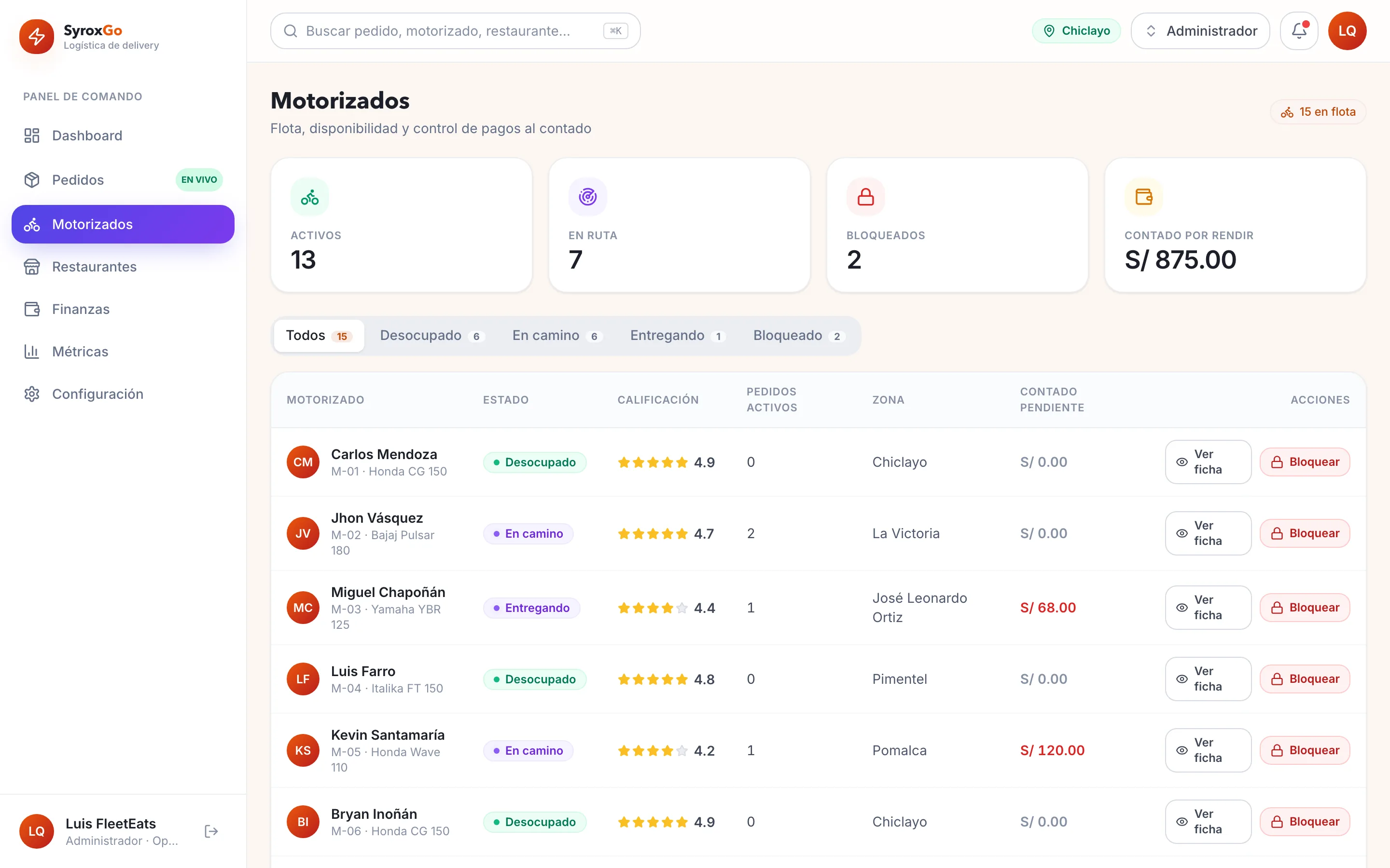 FleetEats — detalle de interfaz