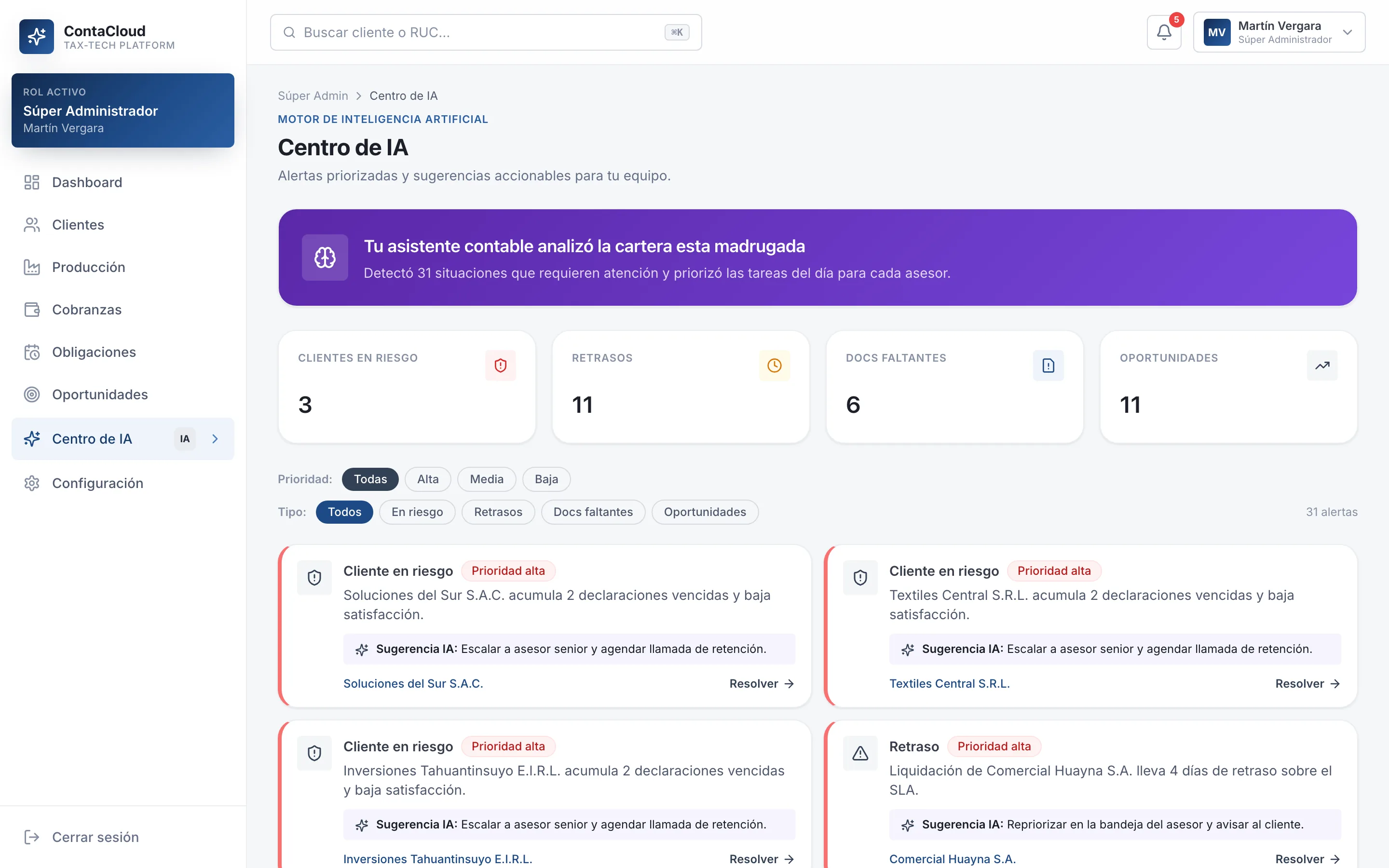 ContaCloud — detalle de interfaz