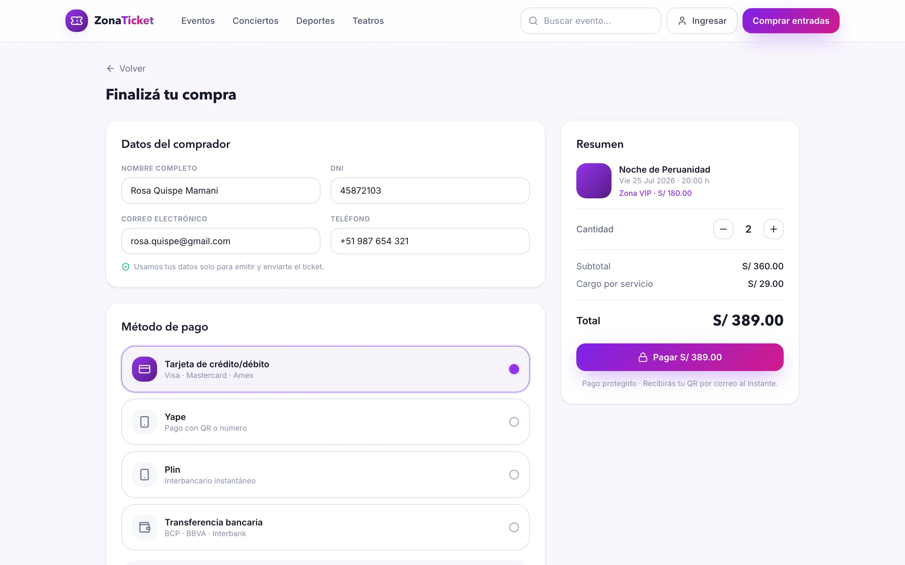 ZonaTicket — Checkout