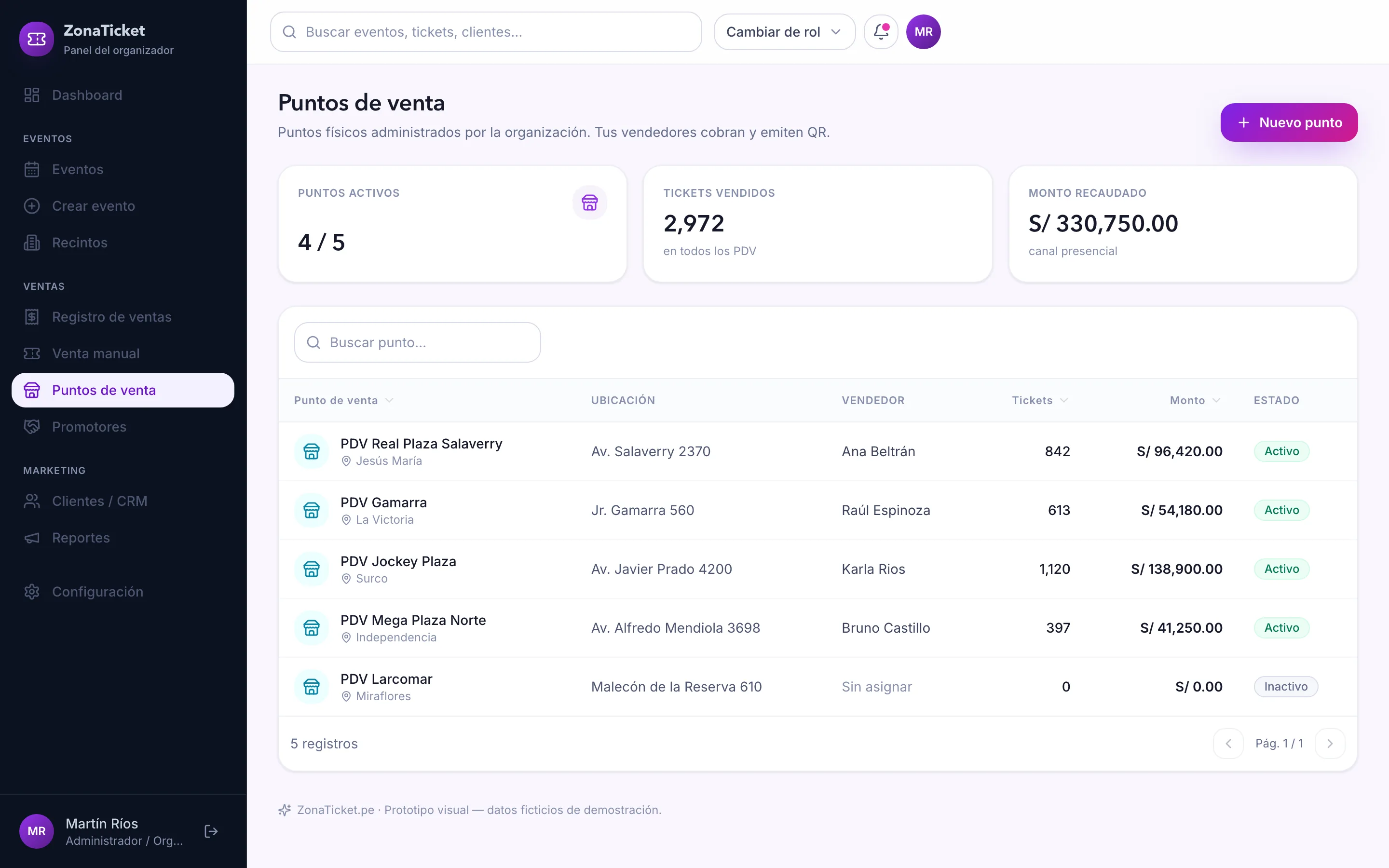 ZonaTicket — detalle de interfaz